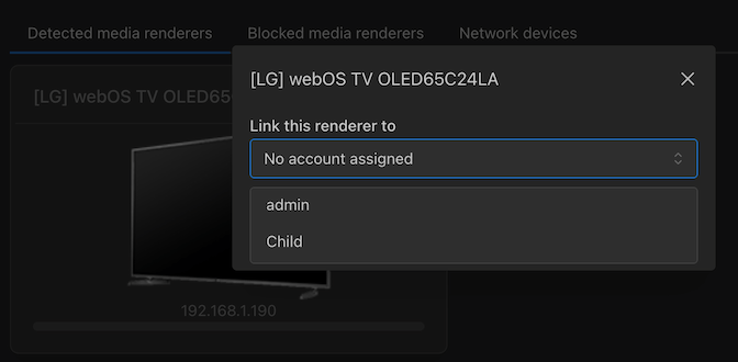 Beispiel für die Konfiguration eines Benutzerkontos zu einem Wiedergabegerät (Renderer)